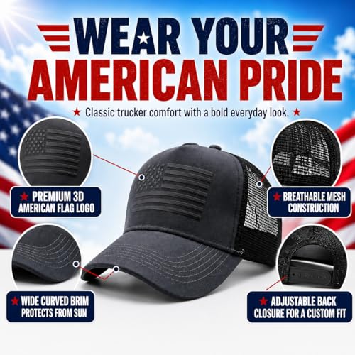 Image of 2 Packs American Flag Trucker Hat, Adjustable Mesh Snapback Baseball Caps for Men Women