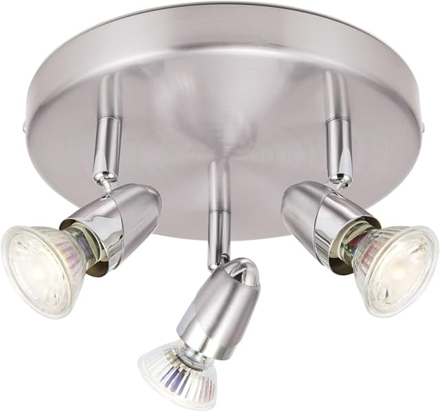 Brushed Chrome 3 Way Ceiling Spot Light Adjustable Round Kitchen Spotlight Modern Bullet Design Includes 5W LED Light Bulbs