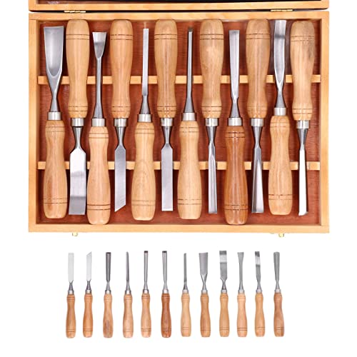 12-teiliges Holzschnitzwerkzeug, Holzschnitzset mit Holzaufbewahrungsbox, CRV Blade Holzschnitzwerkzeuge Meißel-Set für Löffel, Schüssel, Becher Holzbearbeitung Cover