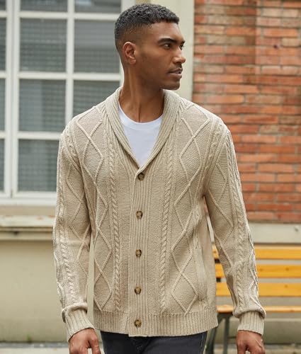 Men's Cable Knit Cardigan Sweater Shawl Collar Long Sleeve Buttons Down Sweater with Pockets3