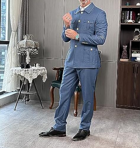 Mens Suit Slim Fit - 2 Piece Suits for Men Multi-Pocket Tuxedos Jacket Button-Down Casual Suit with Gold Buttons4