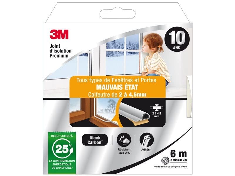 3M Joint Porte/Fenêtre Universel Mauvais Etat Premium 2 À 4,5mm X6m Blanc
