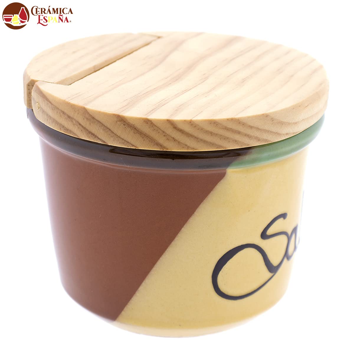 CERÁMICA ESPAÑA | Saliera cucina | Saliera con piano in legno | Saliera ceramica | Saliera originale | Decorazione Modello M01 | 100% Decorato a Mano | 12,5 x 12,5 x 10 cm