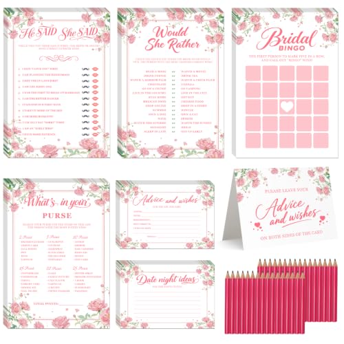 GAMSUNSTAR Bridal Shower Games-Heavy Cardstock 5 Fun Activities for 32 Guests Includes Bingo He Said She Said Would She Rather Whats in Your Purse Advice and Wishes for The Mr and Mrs(Floral)