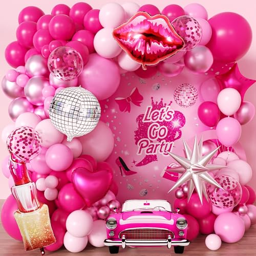 106pcs Hot Pink Balloon Garland Arch Kit with Giant Lipstick Kiss Lips & Disco Ball Foil Balloons 18/12/10/5 Inch Metallic Pink & Silver Star for Bachelorette Galentines Fashion Doll Theme