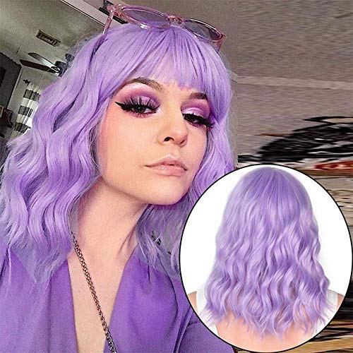 Bob Curly Wig Short Purple Wigs with Bangs Shoulder Length Wigs Heat Resistant Synthetic Wigs Cosplay Party Wig for Women (Purple)