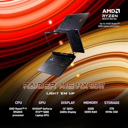 Image of msi Raider A16 HX 16 inch 240Hz QHD+ Gaming Laptop: AMD Ryzen 9-8940HX, NVIDIA Geforce RTX 5080, 32GB DDR5, 2TB NVMe SSD, Type C, Wi-Fi 7, Win 11 Home: Core Black B8WI-023US