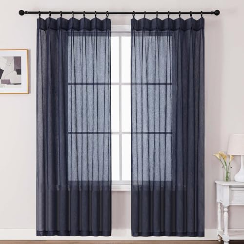 OVZME Crushed Voile Navy Blue Sheer Curtains 72 Inches Long 2 Panels Set, Semi Sheer Light Filtering Pinch Pleated Curtains for Windows, Soft Fabric Window Drapes for Living Room, 2x42Wx72L Inches