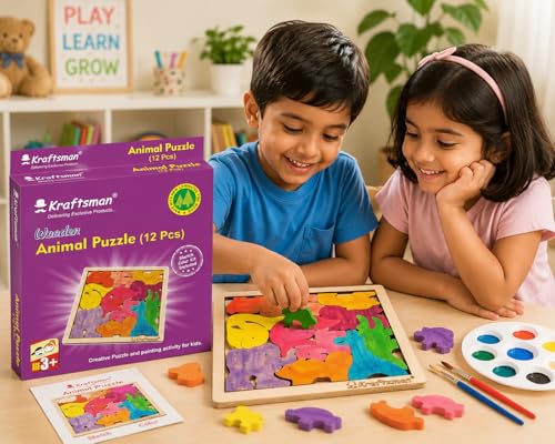 Image of Braintastic Birthday Return Gifts (Pack of 4) Wooden Jigsaw Animal Puzzle, Travel Board Game,Art & Craft Party Pack Return Favors for Kids-3-6 yrs(12 Colors & Puzzle Game per Pack)