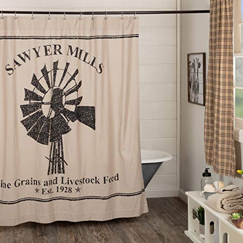 VHC Brands Farmhouse Bath - Sawyer Mill Tan Shower Curtain, 72x72, Charcoal Windmill - //coolthings.us