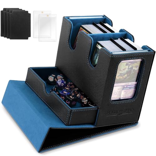 デッキケース カードケース ストレージボックス トレカ ストレージボックス 200枚収納 仕切り板4つとマグネットローダー2つ陳列窓2つ付き 遊戯王/統率者戦/デュエマ スリーブ対応 (黒内装蓝)