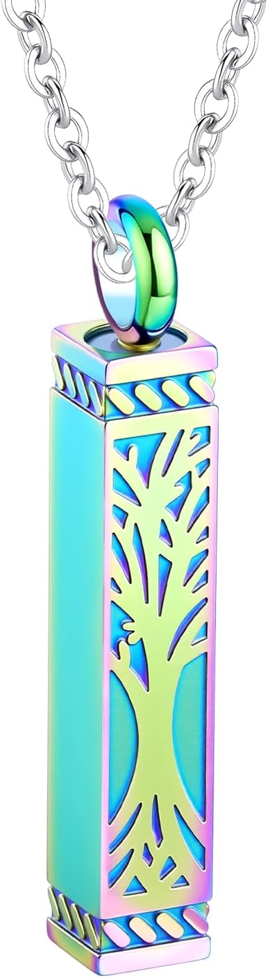 Tree of Life Urn Necklace Stainless Steel Cremation Jewelry for Ashes Memorial Pendant Locket Vertical Bar Keepsake Necklace Jewelry for Women Men - With Me Always