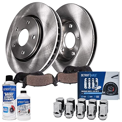 Image of Detroit Axle - Front Disc Rotors & Brake Pads w / 10pc Wheel Lug Nuts Replacement for 2005-2010 Dodge Dakota Mitsubishi Raider - 16pc Set