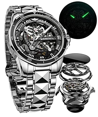 OUPINKE Men's Watch Skeleton Automatic Mechanical Premium Self Winding with Waterproof Tungsten Steel Sapphire Crystal Black Silver