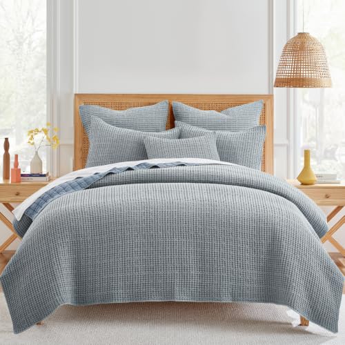 Image of Levtex Home Mills Waffle Twin XL /Twin Quilt Set (68x86in) with 1 Pillow Sham (26x20in) - Chambray - Cotton Waffle Twin Size Quilt Bedding Set - Lightweight, Soft, Pre-Washed