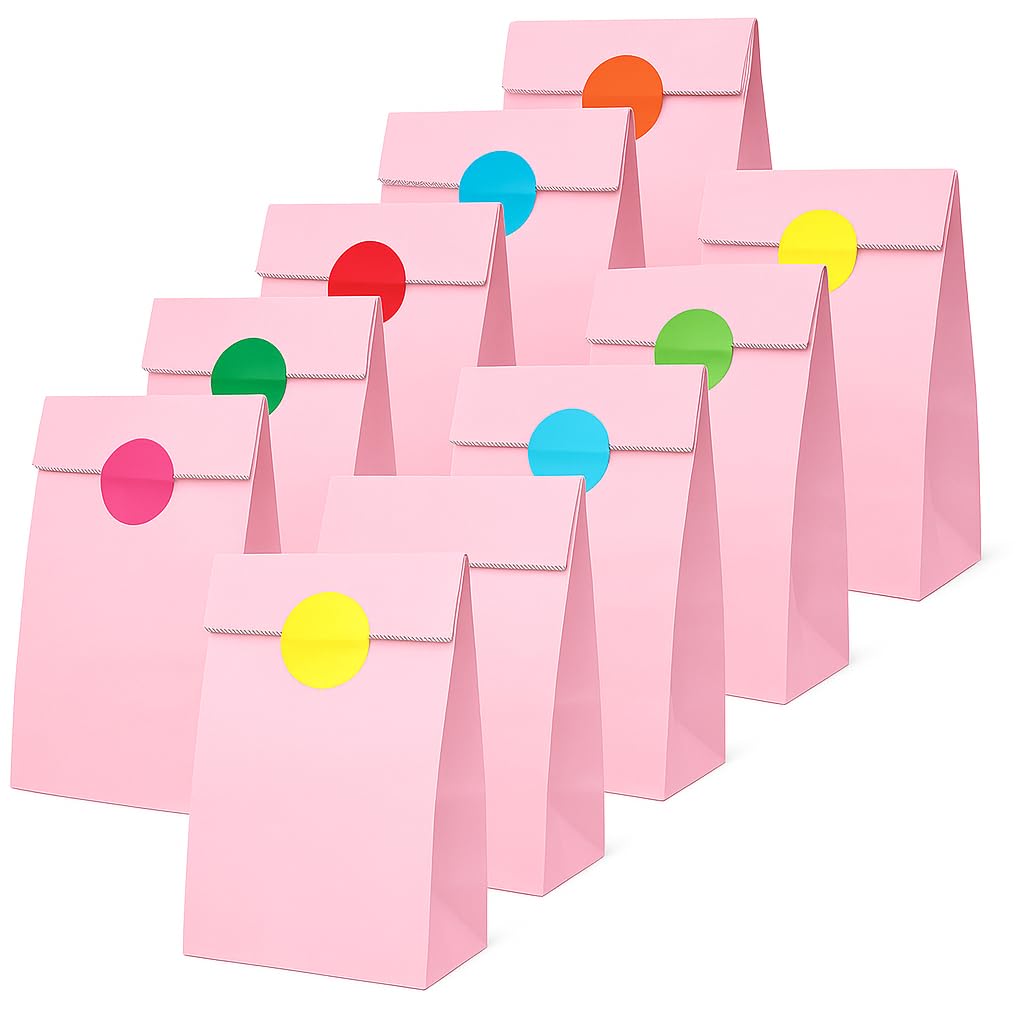 Thepaperbagstore 25 Baby Pink Party Bags + 25 Colour Dot Stickers, Kids Party, Gift, Craft and Sweet Bags โ 140x245x70mm