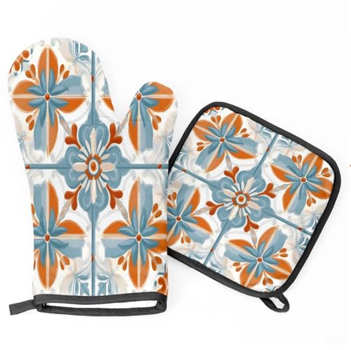 Tile Patterns Oven Mitts Kitchen Oven Gloves for Cooking Baking Heat Proof Lining Cotton Kitchen Potholder Mittens Pot Holders Hot Pads for Chef Women Men