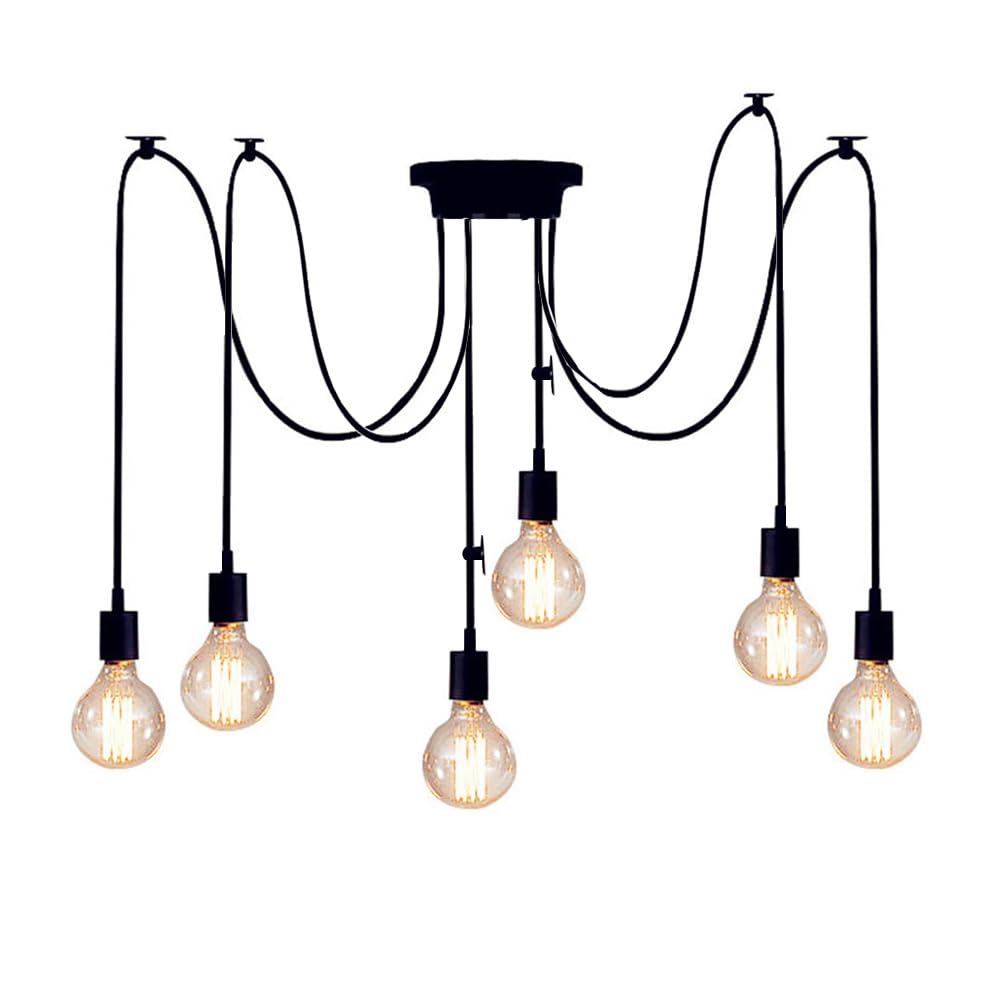 Vintage Edison Pendant Light Fitting,1.5M Adjustable Industrial Pendant Lamp Black Chandelier Antique Chandelier E27 Hanging Lamp Holder DIY Spider Ceiling Retro for Living Room Bedroom Bar (6 heads)