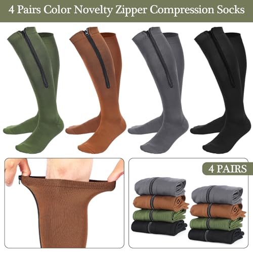 Image of Tarpop 4 Pairs Men Zipper Compression Socks Colorful 20-30mmhg Compression Stockings with Zipper for Men Women Swelling Edema