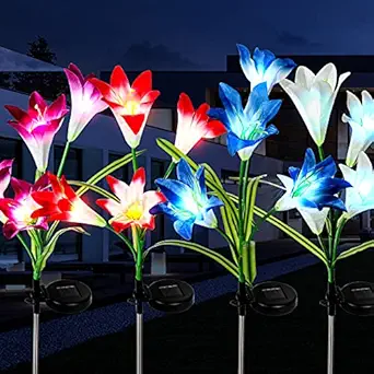 Solar Flower Lights 4 Pack Solar Powered Flower Lights with 12 Lily Flower 7 Color Changing LED Lily Solar Powered Lights for Patio, Lawn, Garden, Yard Decoration