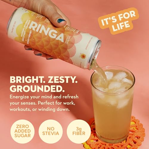 Image of RINGA Lemon Ginger Sparkling Hydration Drink - Organic Moringa + Apple Cider Vinegar with 3g Prebiotic Fiber - No Added Sugar, No Artificial or Natural Flavors - Gut Health & Daily Hydration - 12oz Cans (12 Pack)