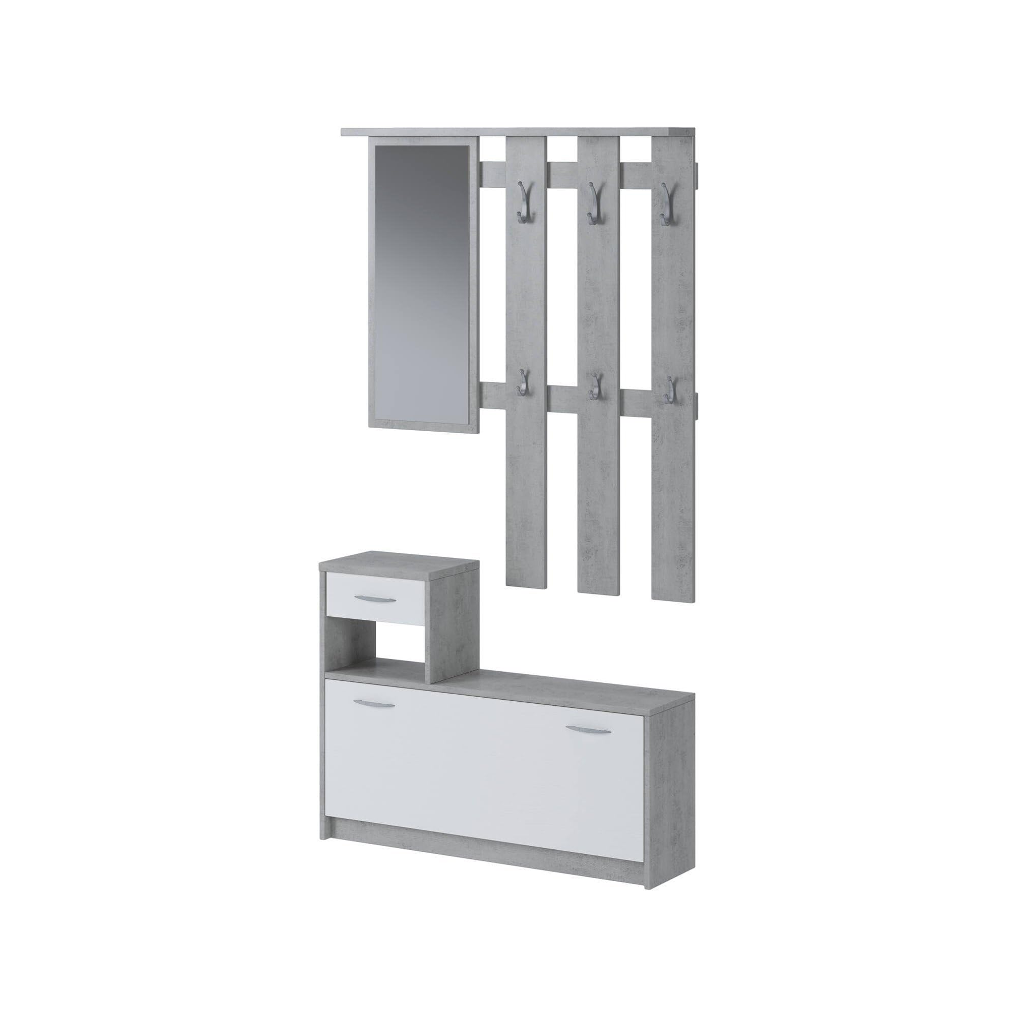 Dmora - Mobile da ingresso con specchiera, entratina per atrio con scarpiera, Svuotatasche per piccoli appartamenti, cm 100x25h180, colore Bianco e Cemento