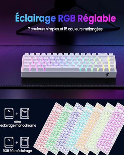 Clavier Gamer Mécanique sans Fil RGB Rétroéclairé, 65% TKL Clavier Gaming Azerty avec Bluetooth/2.4G /Type-C, 68 Touches Anti-Ghosting Switchs Rouge pour PC/Windows/Mac/Xbox, Blanc – Image 3