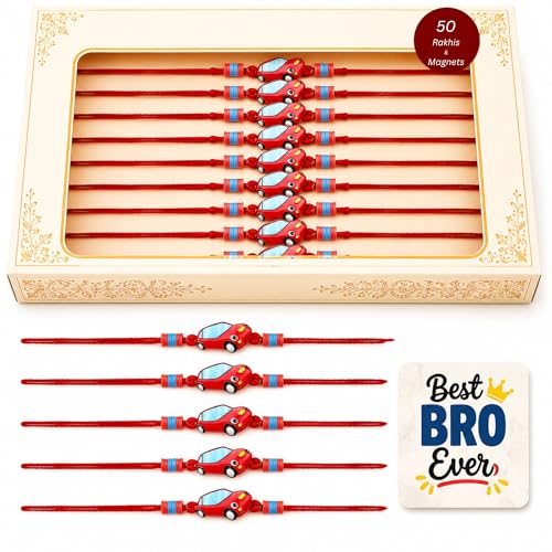 Image of eCraftIndia Pack of 50 Cartoon Car Rakhi for Kids Brother Boys Girls | Designer Raksha Bandhan Rakhi for Bhai Bhaiya | 50 Best Bro Ever Fridge Magnets | Roli Chawal Pack Gift Set