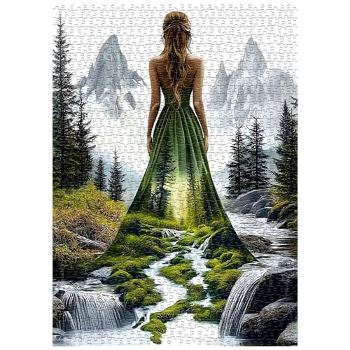 Rompecabezas para adultos de 1000 piezas: Mujer en paisaje boscoso, escena montañosa y fluvial, rompecabezas de naturaleza con temática femenina miniatura 2