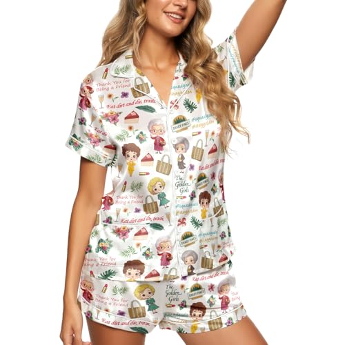 HUNTFAMI Womens Silk Satin Pajama Set Short Sleeve Button Down Soft Silky Loungewear 2 Pc Pajamas Gift In Summer Bridal