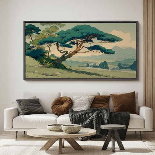 Image of MUDECOR Extra Large Framed Canvas Print Wall Art Vintage Japanese Pine Tree Landscape Oriental Antique Retro Ready to Hang Painting for Living Room Bedroom Multi-Sizes - 60 inchx30 inch
