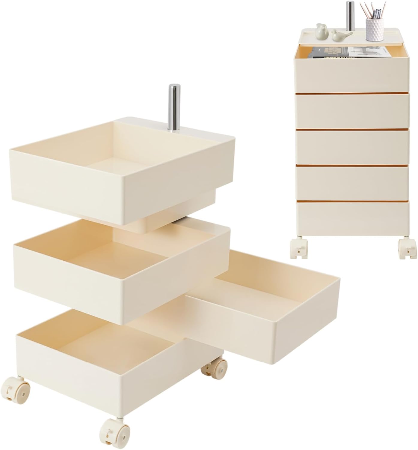 Storage Cabinet, 360° Rotating Sofa Side Cabinet, 5-Tier Storage Cabinet Bedside Table, Rotating Storage Rack Portable Mini Storage Small Coffee Table for Bedroom Kitchen Office (White)