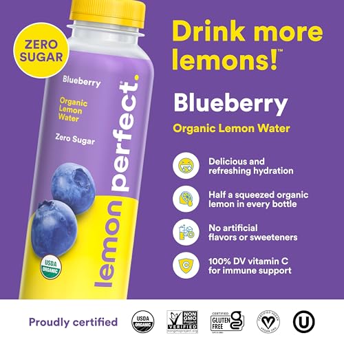 Lemon Perfect Blueberry, Hydrating Flavored Lemon Water, Zero Sugar, Healthy Hydration Drinks, Organic, 15.2oz Bottles (12-Pack)