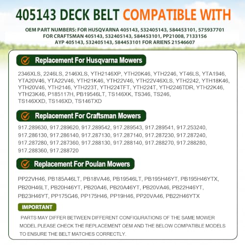 Image of 405143 Deck Belt 1 /2 inchx106 inch for Husqvarna Craftsman Poulan Aramid Cord | Fits Husqvarna YTH /YTA /YT 46 inch mowers and for Craftsman Poulan PP20VA46, replaces 532405143 584453101