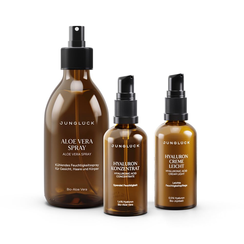 JUNGLÜCK Summer Hydration Trio | Aloe Vera Spray + Hyaluron Konzentrat + Hyaluron Creme Leicht – erfrischt, hydratisiert & pflegt leicht