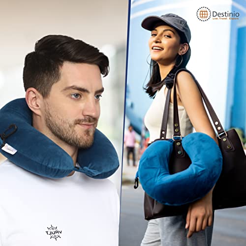 Image of Destinio Neck Pillow for Travel, Travel Pillow for Flights, Memory Foam Neck Pillow, Travel Neck Pillow with Velvet Soft Washable Cover, Flight Pillow for Neck for Men and Women (Blue), Pack of 1