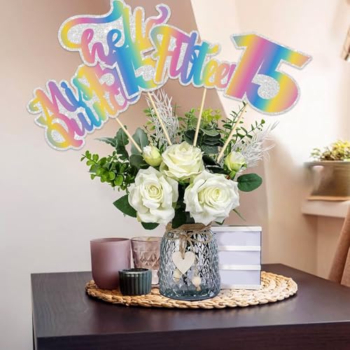 Image of Rainbow Glitter 15th Birthday Centerpiece Sticks,15 Fabulous Table Toppers,Cheers to 15 Birthday Anniversary Party Decorations for 15th Birthday Wedding Party Table Decorations
