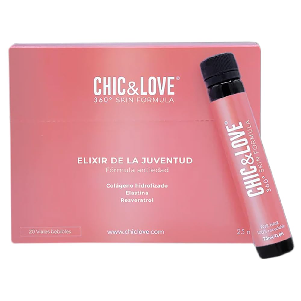 CHIC & LOVE | Elixir de la Juventud | Viales Bebibles Antiedad | Colágeno Hidrolizado, Vitamina E, A, D3, Resveratrol y Zinc | Piel Radiante y Saludable | Sin Gluten, Sin Lactosa | 20 Días | 20x25ml