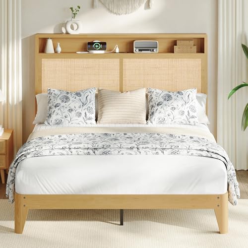 IDEALHOUSE Rattan Queen Bed Frame with Storage and Lights