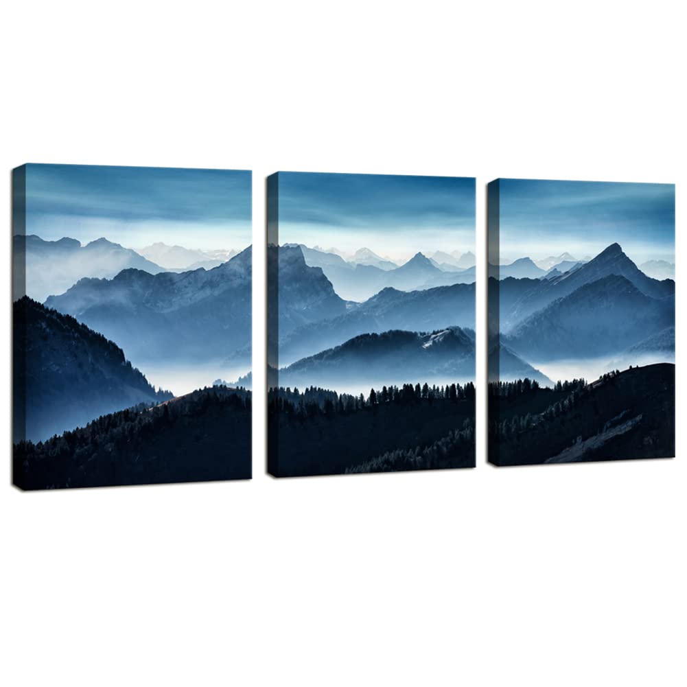 Mountain Wall Art for Bedroom , Blue Abstract Mountain Canvas Picture Prints Artwork ,for Living Room Office Dining Room Modern Home Decor Framed Ready to Hang,12" X 16" X 3 Pieces