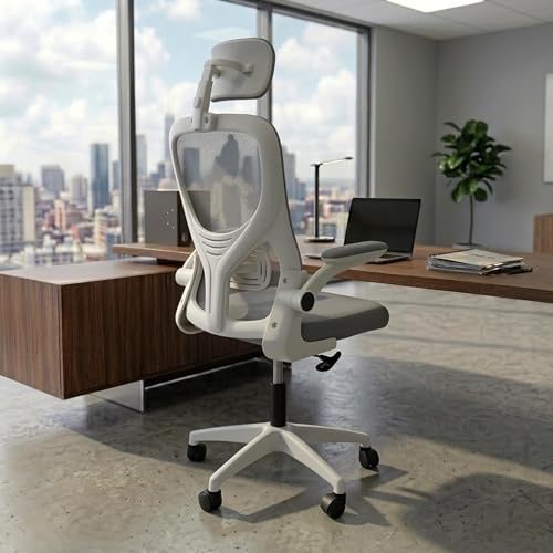 Image of NORMAN JR Grey White | High Back Imported Mesh Fabric Boss Office Chair | Y Design Ergonomic Back Support | 2D Aero Design Adjustable Armrests | Synchro Tilt Lock Mechanism Support