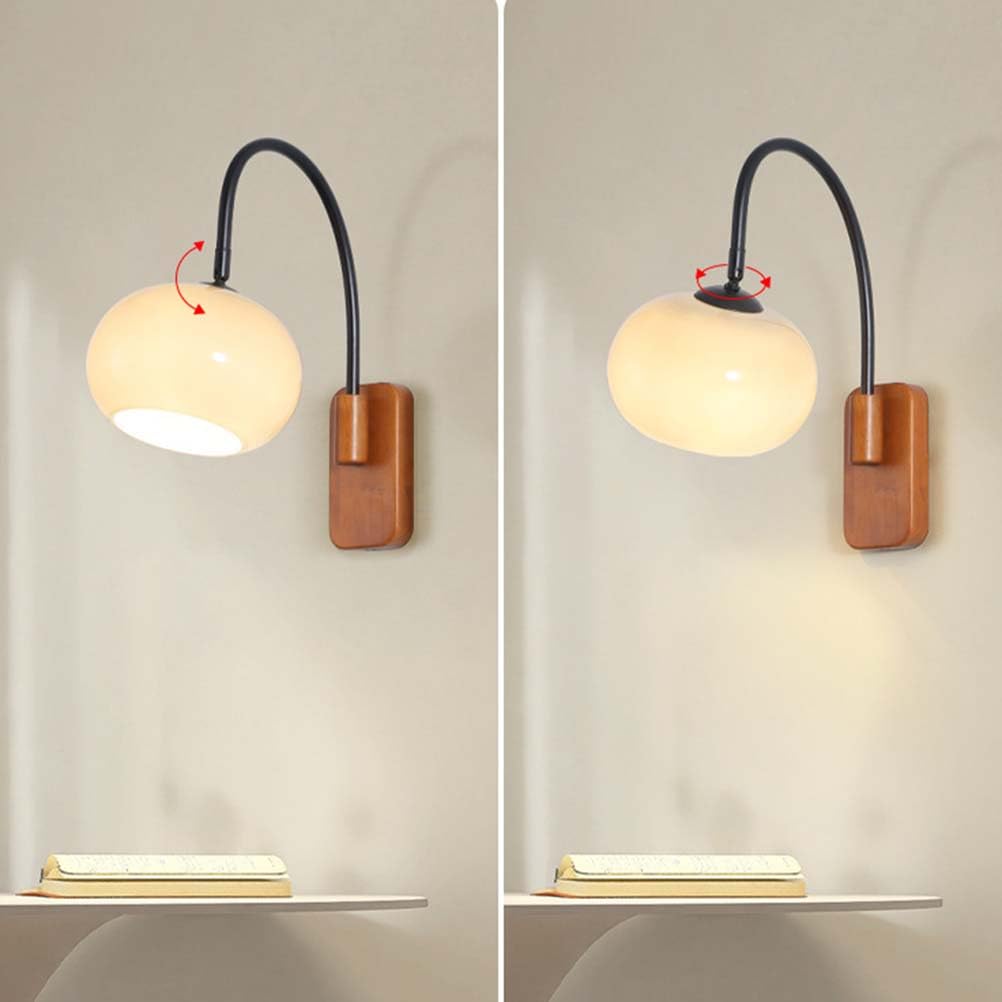 Drewniana lampa ścienna, regulowana, wewnętrzna, retro, ścienna lampa E27, obrotowa, vintage, industrialna lampka nocna z okrągłym szklanym kloszem, lampa ścienna do czytania, do sypialni, salonu, ho