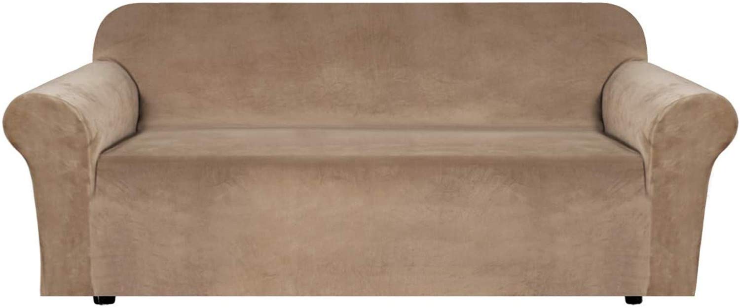 Housse de canapé velours extensible 4 places camel avec mousse