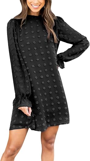 FAMITION Women’s Dress Swiss Dot Dress Long Sleeve Flowy Dress Chiffon Casual Mini Dress