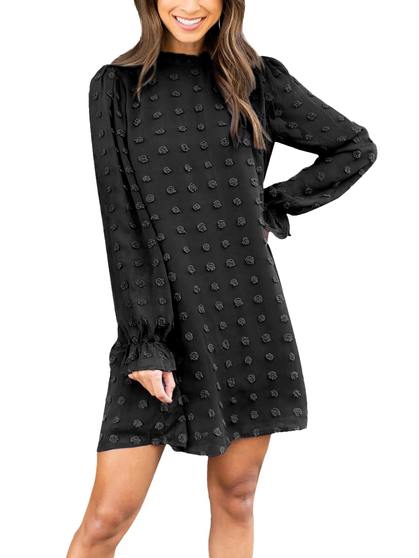 FAMITION Women’s Dress Swiss Dot Dress Long Sleeve Flowy Dress Chiffon Casual Mini Dress - Review, Price and Buying Guide