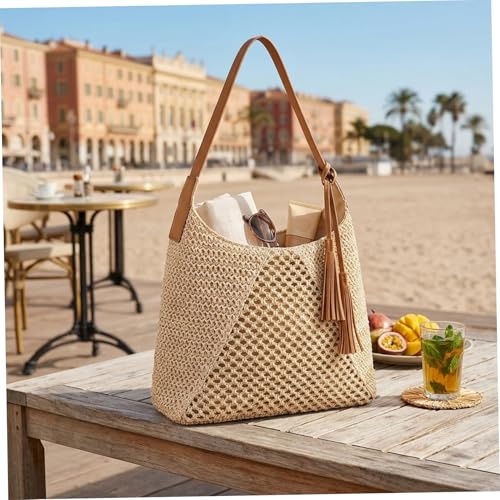 Bolso de paja, bolsos de verano con colgante de borla, bolso tote tejido grande para la playa, bolso casual de hombro, marrón claro, bolso de verano miniatura 3