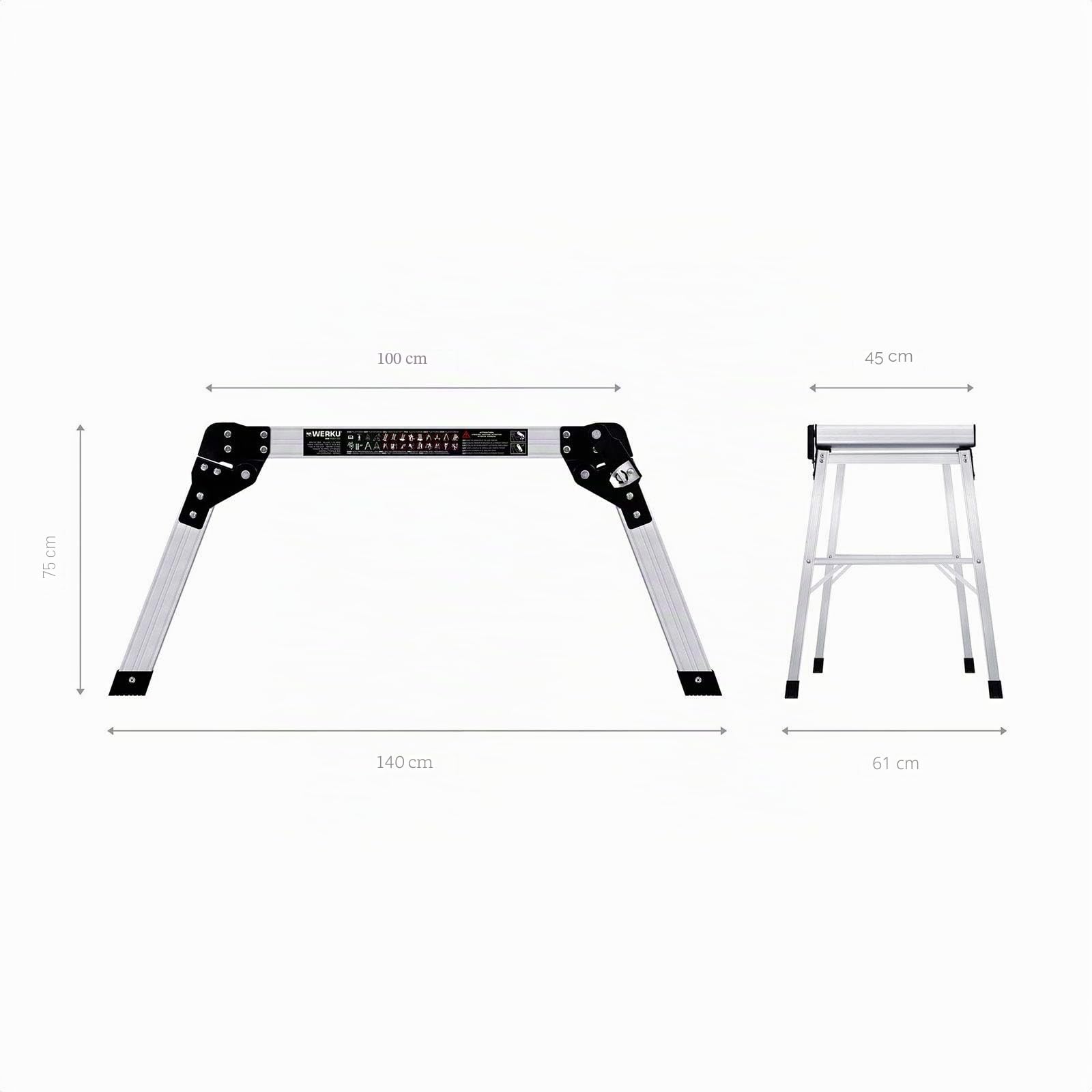 Werku WK700170, Plataforma, Largo 100 cm, Ancho 45 cm, Alto 75 cm, Capacidad de carga 150 kilos, Aluminio 1.5 mm, Plegable, Antideslizante