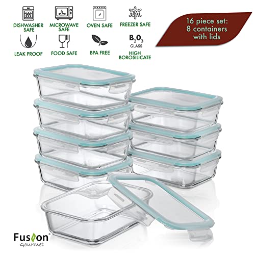 Fusion Gourmet Set Of 8 Same Size Glass Food Storage Containers With Lids [4.4 Cup 35 Oz Ea.] Airtight, Leak Proof, Oven, Microwave & Freezer Safe, Reusable Meal Prep Set, Stain & Odor Resistant #TOP5