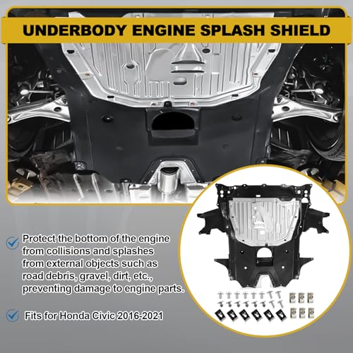 Image of 74110-TBA-A00 Lower Engine Splash Guard Under Car Shield Cover Board for Honda Civic 2016 2017 2018 2019 2020 2021, 74110TBAA00 Underbody Shield | with 90674-TY2-A01 Pins and 90105-TBA-A00 Bolts