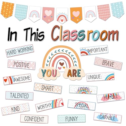 31 Pcs Bulletin Board Decorations Set Boho Classroom Decor Rainbow Motivational Word Wall Bulletin Board Set for Teachers School Chart Wall Supplies